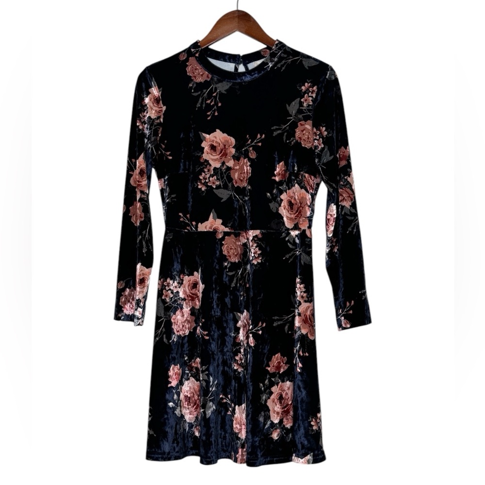 Altard State Velvet Floral Dress Dark Blue Party Roses Long Sleeve SZ Medium